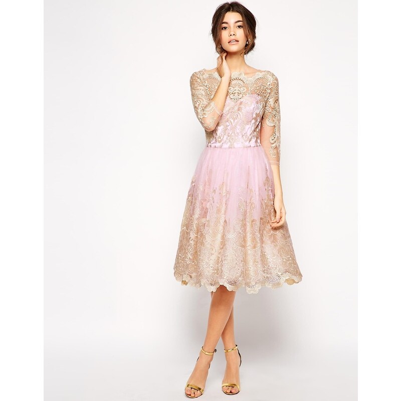 Chi Chi London Premium Metallic Lace Prom Dress with Bardot Neck - Pink