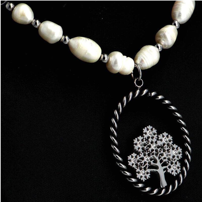 Delami Dámský náhrdelník z chirurgické oceli a perliček Strom života kulatý, stříbrný