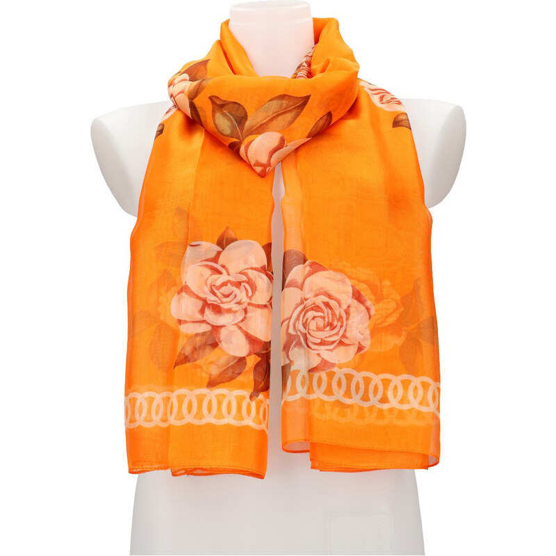 Cashmere Dámský letní šátek / šála 179x100 cm oranžový s květy 56003318