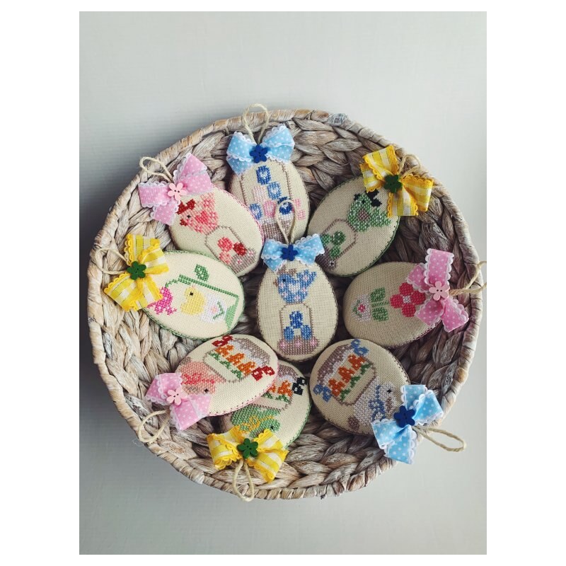 BRIMOON Velikonoční vajíčka s motivem slepičky, zajíčka a košíku vajíček se žlutou stuhou dárková sada
