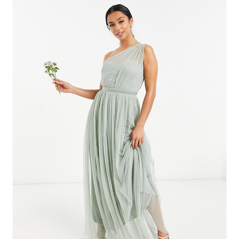 Anaya Petite Anaya With Love Petite Bridesmaid tulle one shoulder maxi dress in sage-Green