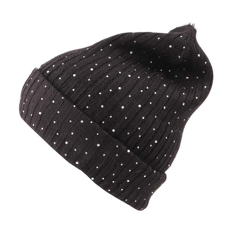 Černá dámská pletená čepice s blýskavými kamínky INVUU London