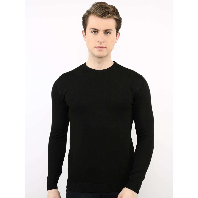 BASIC Černý pánský tenký pletený svetr -black Černá