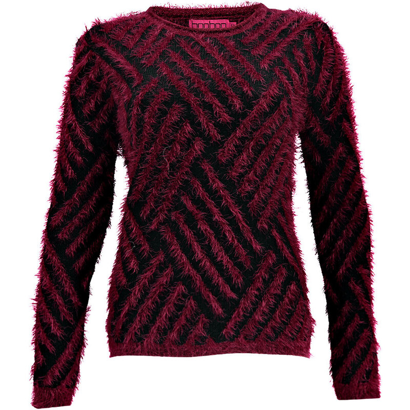BOOHOO Fluffy svetr s geometrickým vzorem ve vínové barvě Emma