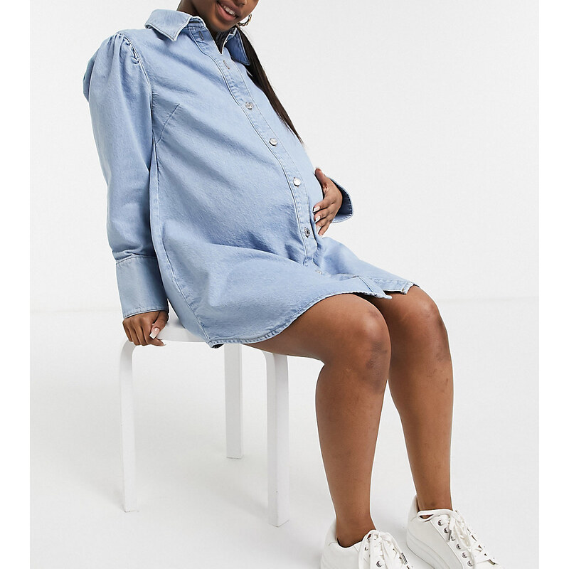 ASOS Maternity ASOS DESIGN Maternity denim puff sleeve shirt dress in midwash-Blue