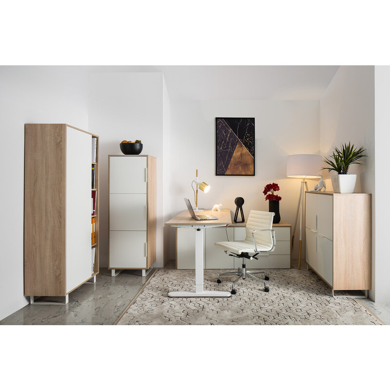 ARBYD Dubový výškově nastavitelný kancelářský stůl Thor 135 x 70 cm s bílou podnoží