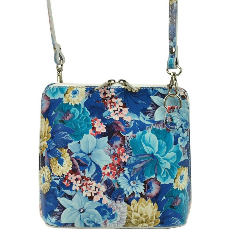 VERA PELLE Barebag Kožená malá dámská crossbody kabelka s motivem květů modrá