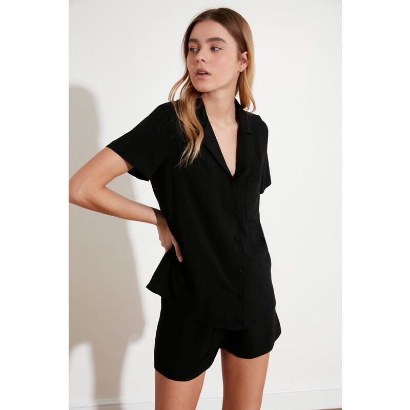 Trendyol Black Viscose Shirt-Shorts Woven Pajama Set