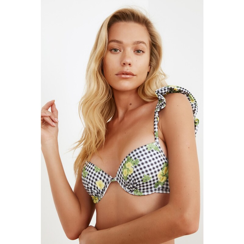 Trendyol Black Ruffle Floral Plaid Bikini Top 107047814