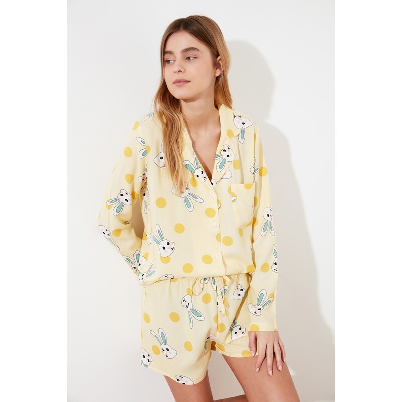 Trendyol Yellow Rabbit Pattern Viscose Shirt-Shorts Woven Pajamas Set