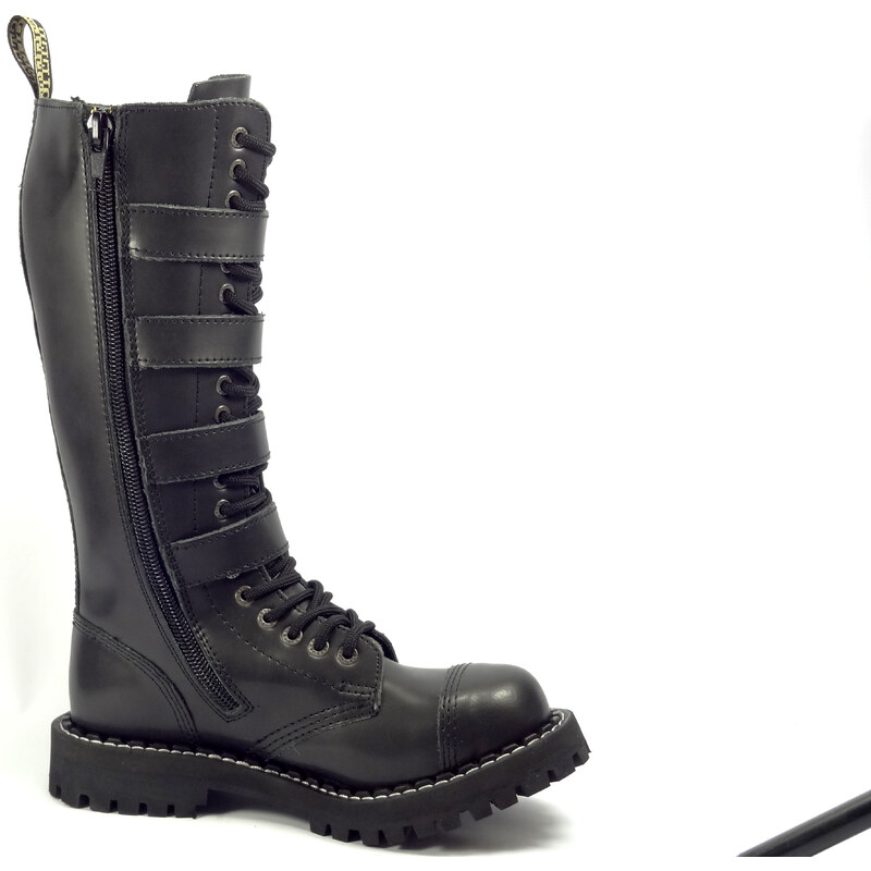 Steel boty 20 dírkové černé - šněrovací se zipem a přezkami - ZATEPLENÉ