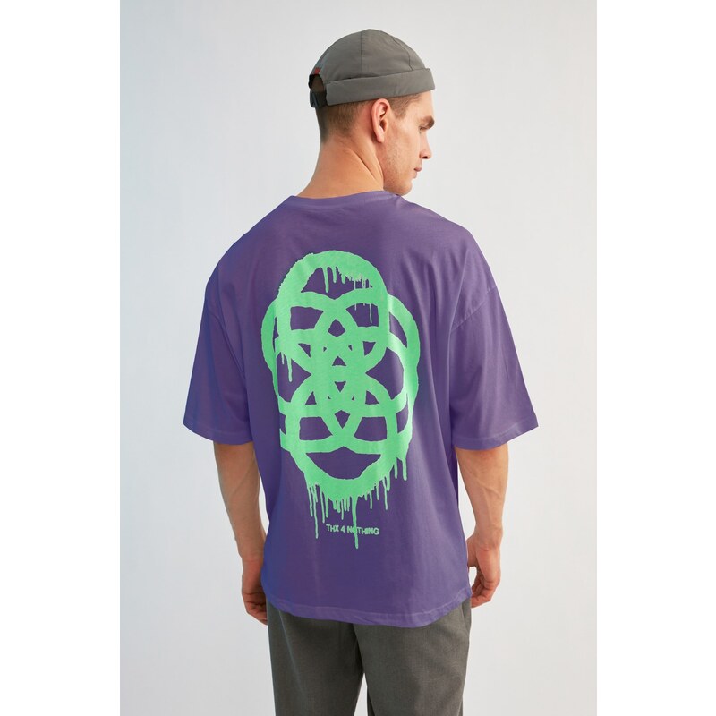 Trendyol Purple Oversize/Wide-Fit Short Sleeve Geometric Print 100% Cotton T-shirt