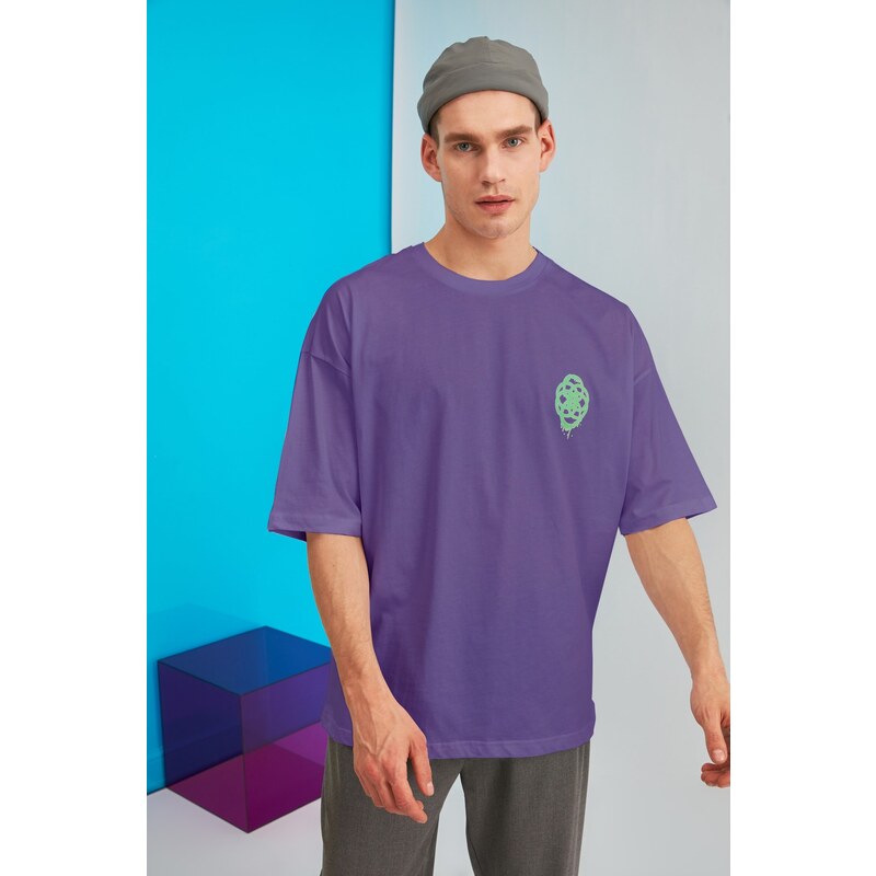 Trendyol Purple Oversize/Wide-Fit Short Sleeve Geometric Print 100% Cotton T-shirt