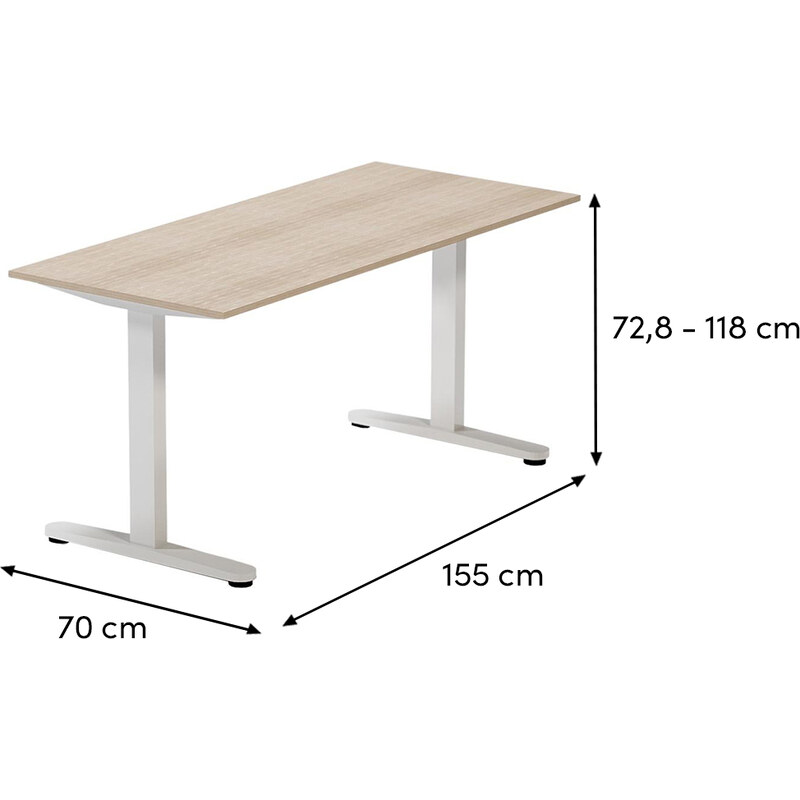 ARBYD Dubový výškově nastavitelný kancelářský stůl Thor 155 x 70 cm s bílou podnoží
