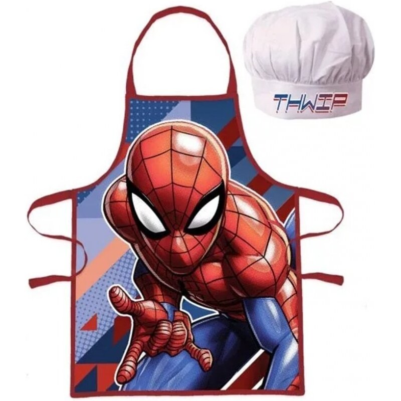 EUROSWAN Dětská / chlapecká zástěra s kuchařskou čepicí Spiderman - motiv Thwip - pro děti 3 - 8 let