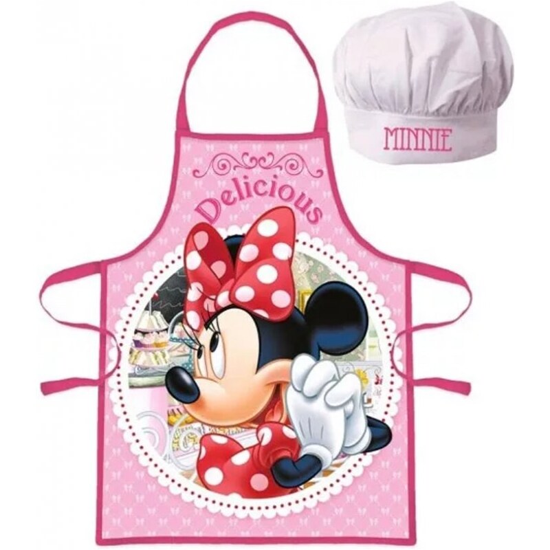 EUROSWAN Dívčí / detská zástěra s kuchařskou čepicí Minnie Mouse - Disney - motiv Delicious - pro děti 3 - 8 let