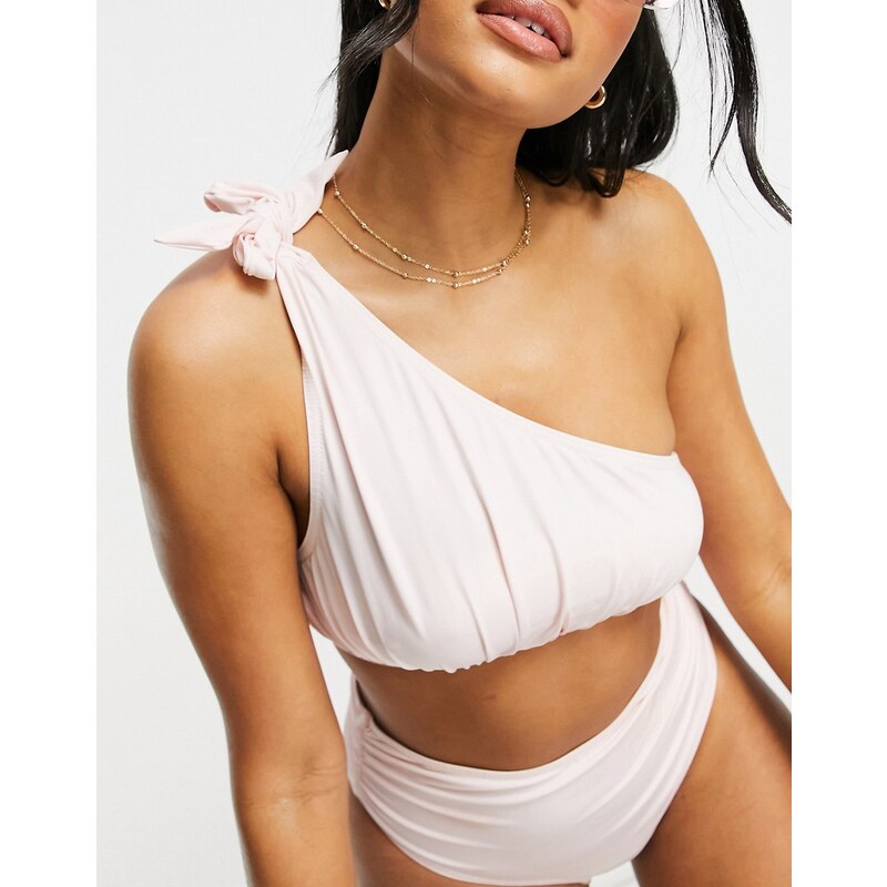 ASOS DESIGN one shoulder drape bikini top in pink oyster 100033051