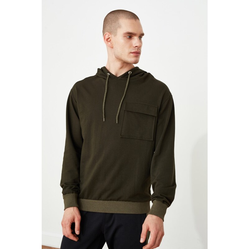 Trendyol Khaki Regular Fit Hooded Pocket Detail Cotton Sweatshirt