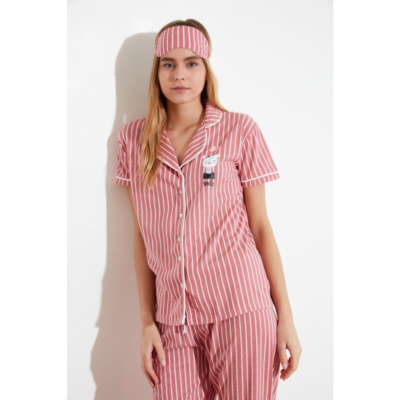 Trendyol Pink Cotton Striped Animal Printed Shirt-Pants Knitted Pajama Set