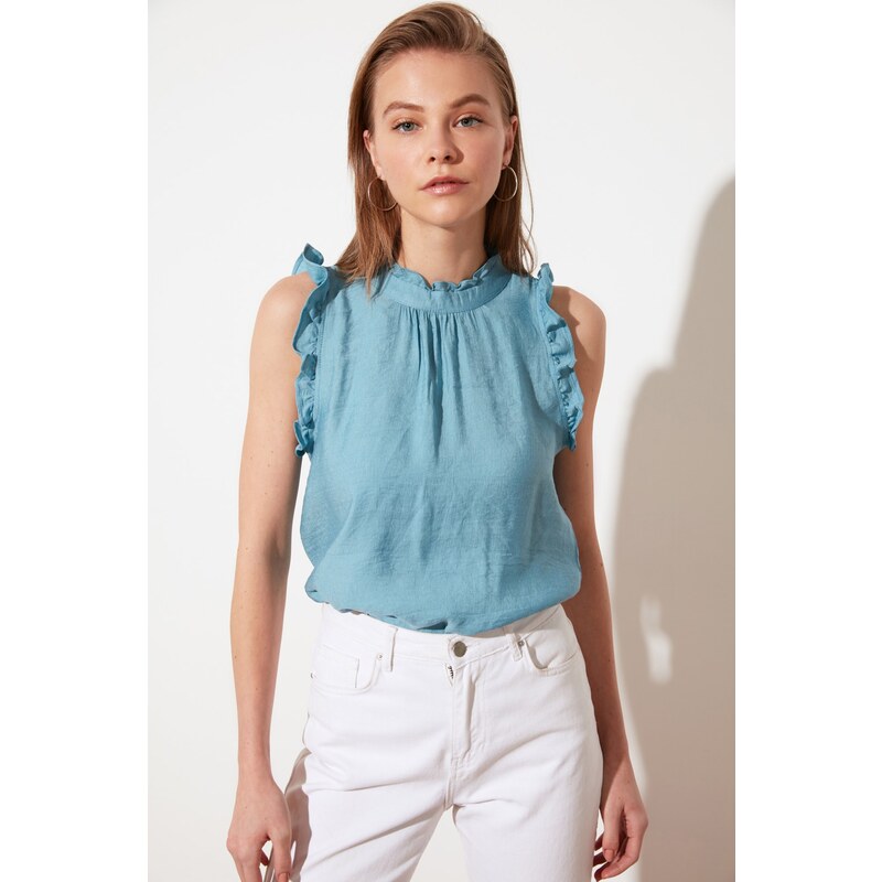 Trendyol Blue Ruffle Detail Sleeveless Woven Blouse