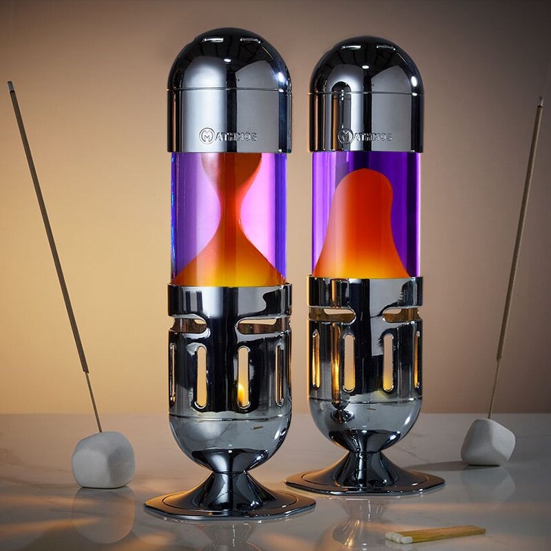 Mathmos Pod silver, originální lávová lampa stříbrná s fialovou tekutinou a  oranžovou lávou, pro čajovou svíčku, výška 25cm - GLAMI.cz