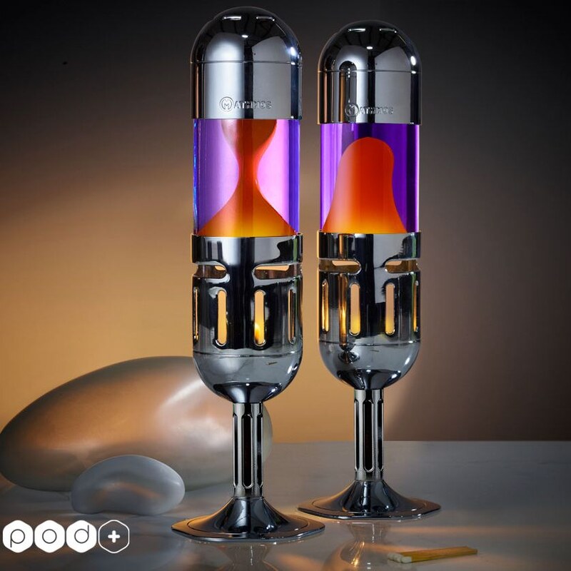 Mathmos Pod+ silver, originální lávová lampa stříbrná s fialovou tekutinou  a oranžovou lávou, pro čajovou svíčku, výška 29,8cm - GLAMI.cz