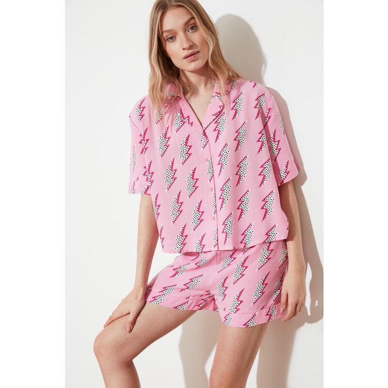 Trendyol Pink Patterned Viscose Shirt-Shorts Woven Pajamas Set