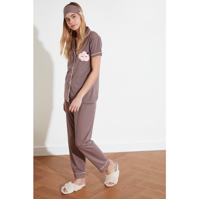 Trendyol Mink Printed Shirt-Pants and Knitted Pajamas Set