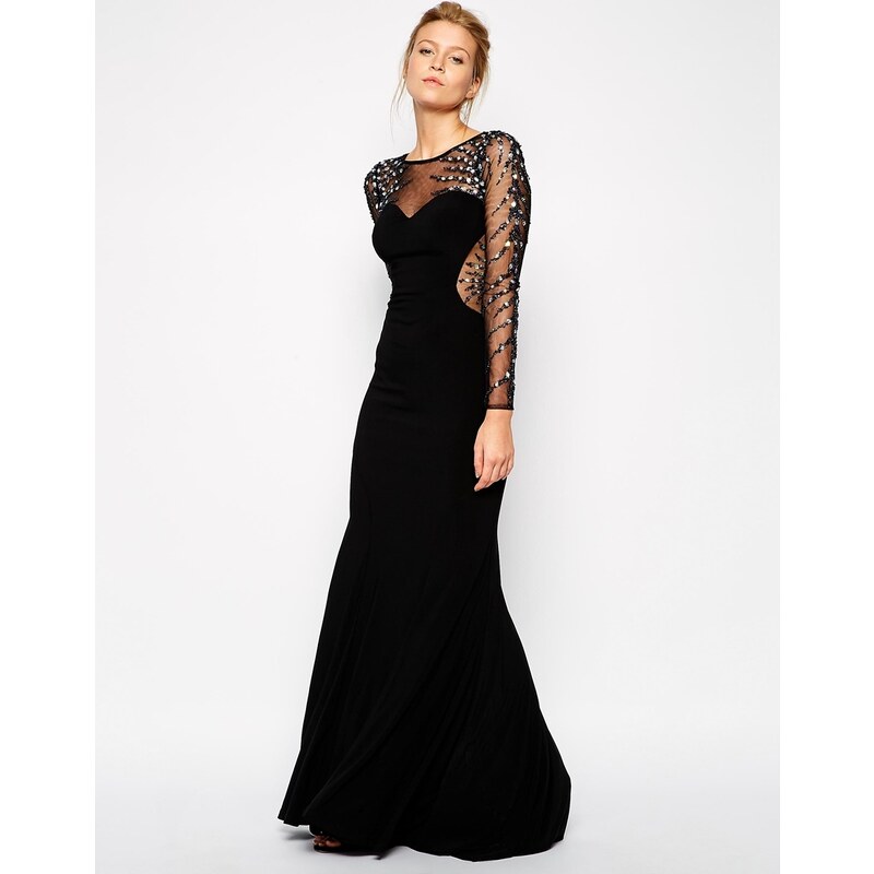 Forever Unique Iris Maxi Dress with Embellished Mesh Sleeves - Black
