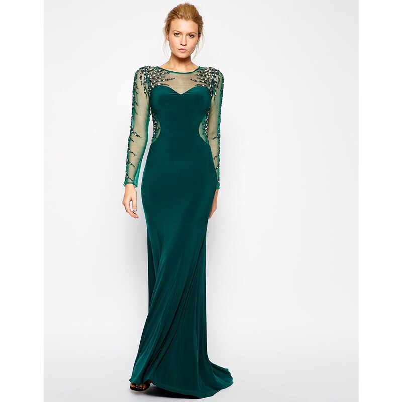Forever Unique Iris Maxi Dress with Embellished Mesh Sleeves - Green