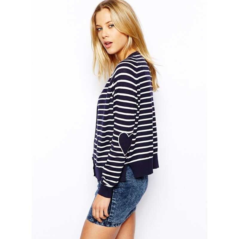 ASOS Cardigan In Stripe With Heart Elbow Patch - Navy