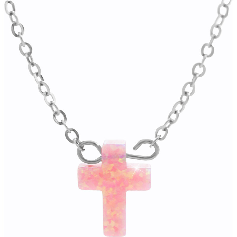 SkloBižuterie-J Ocelový náhrdelník Křížek opálový rosa