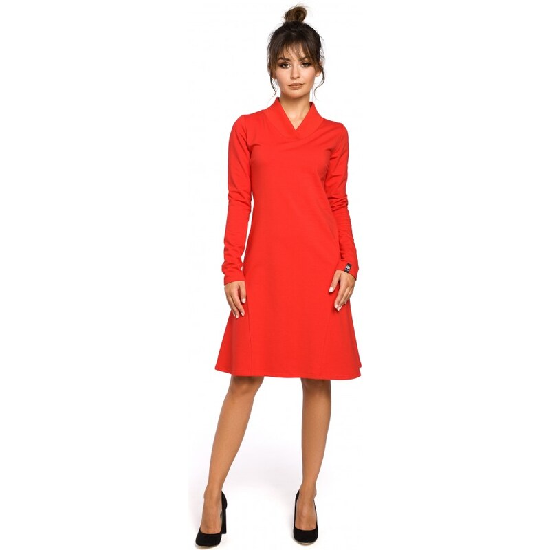 BE B044 Trapézové šaty s žebrovaným lemováním - červené