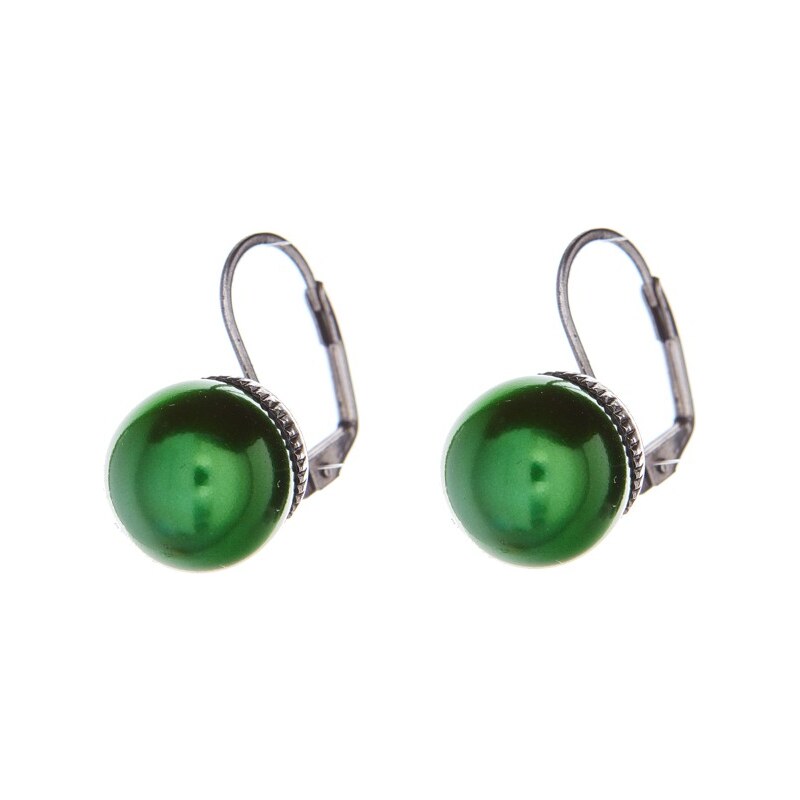 elegantní náušnice s perličkou, zelená / starostříbrná galvanizace