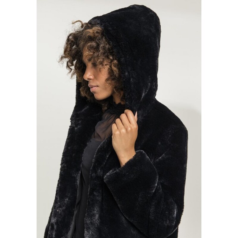 Dámský kabát Urban Classics Hooded Teddy Coat - černý