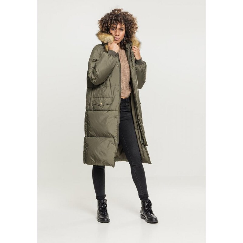 Olivový dámský kabát Urban Classics Ladies Oversize Faux Fur Puffer Coat