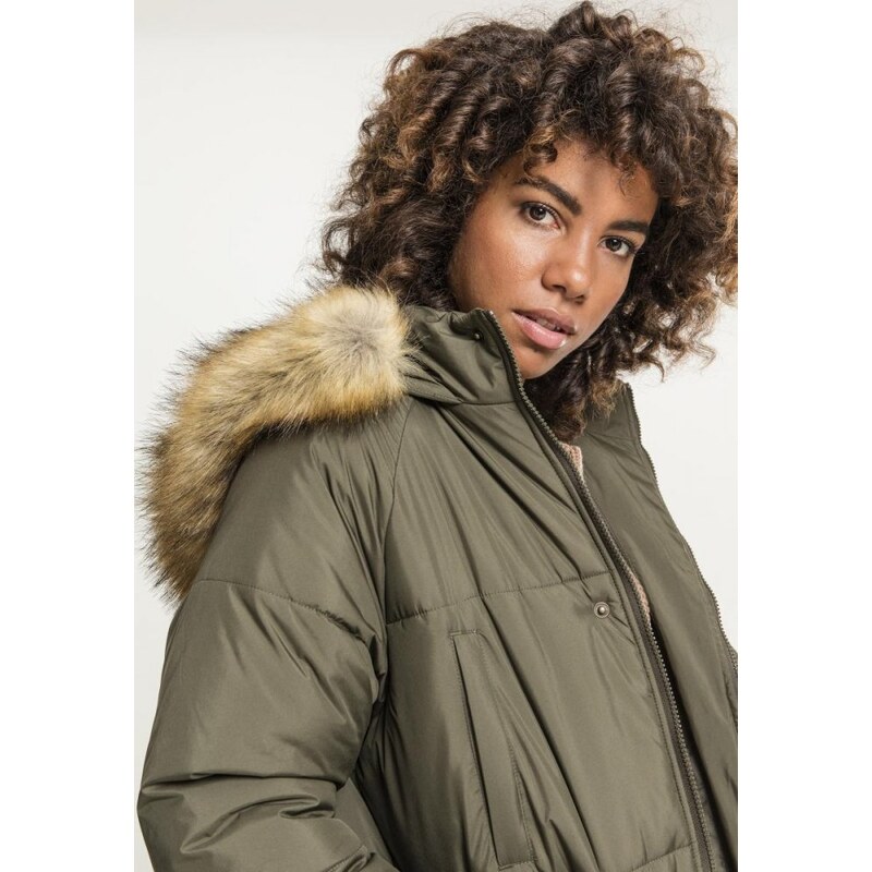 Olivový dámský kabát Urban Classics Ladies Oversize Faux Fur Puffer Coat