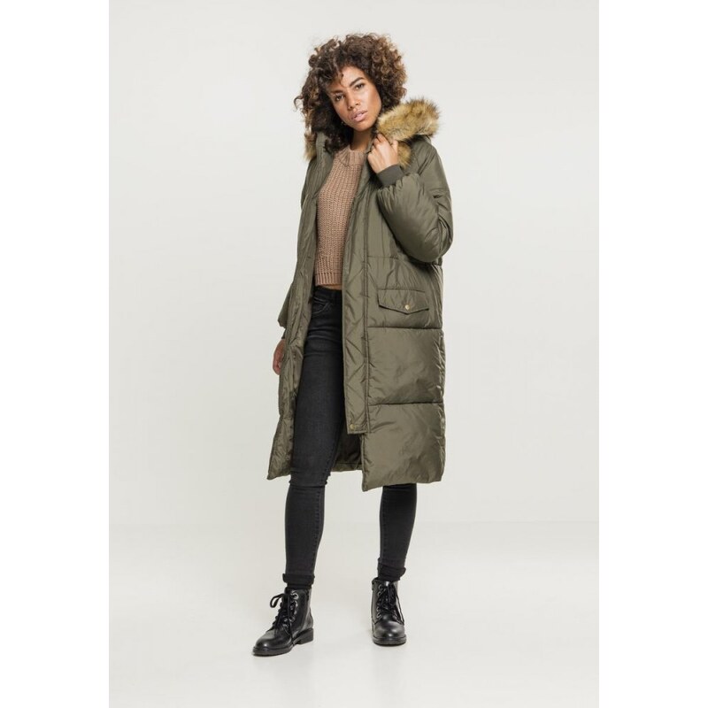 Dámský kabát Urban Classics Ladies Oversize Faux Fur Puffer Coat - olivový