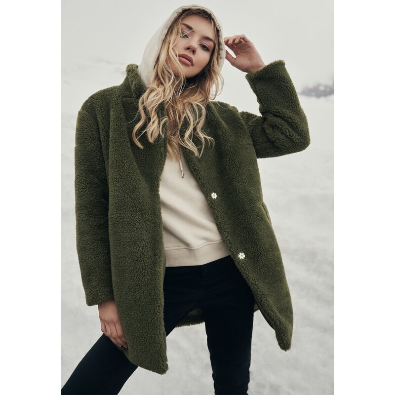 Dámský kabát Urban Classics Ladies Oversized Sherpa Coat - olivový