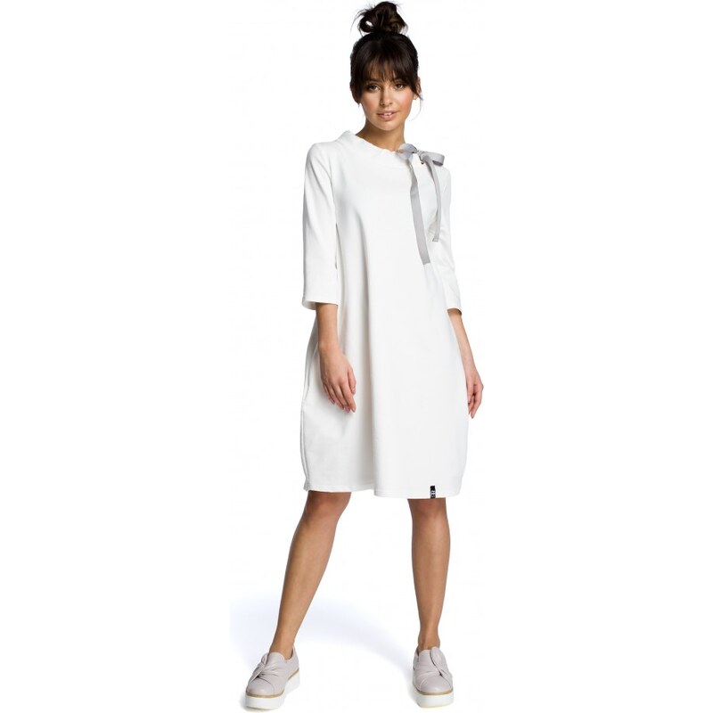 BeWear B070 Oversized šaty s páskem na zavázání - ecru barva