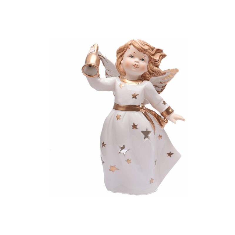 Nefertitis Svícen porcelánový na čajové svíčky Anděl bílý se zvonečkem 22 cm - výška cca 22 cm