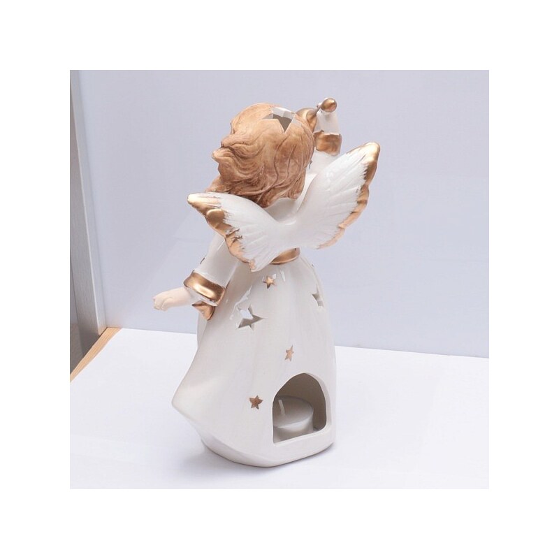 Nefertitis Svícen porcelánový na čajové svíčky Anděl bílý se zvonečkem 22 cm - výška cca 22 cm