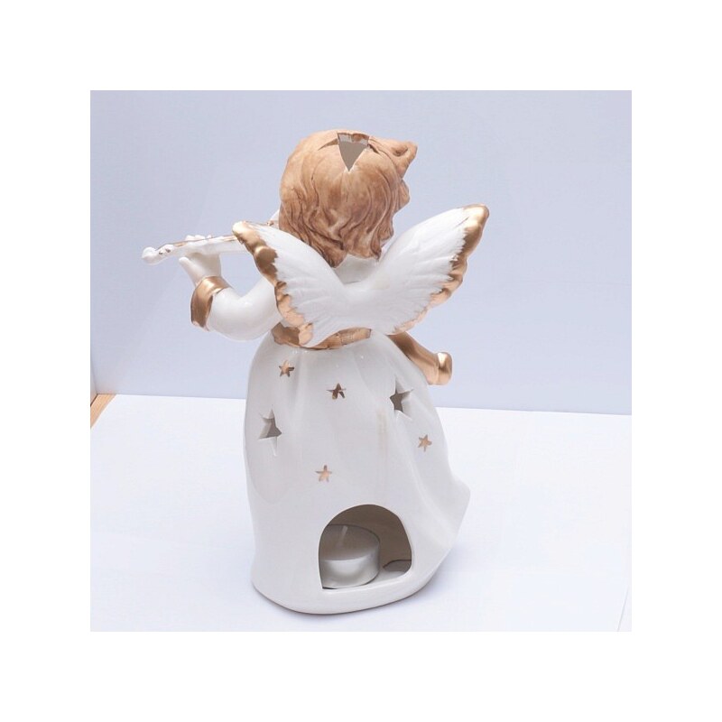 Nefertitis Svícen porcelánový na čajové svíčky Anděl bílý s housličkami 22 cm - výška cca 22 cm
