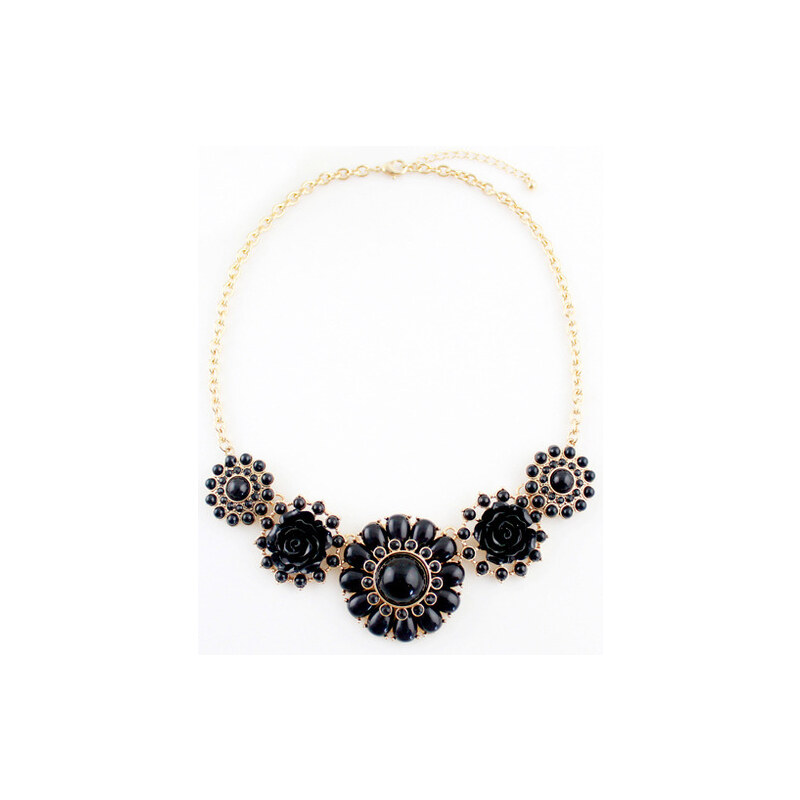 Elegantní náhrdelník s černýmí kamínky a květy