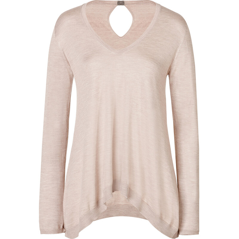 Brunello Cucinelli Cashmere-Silk Draped Side Pullover with Keyhole Cutout