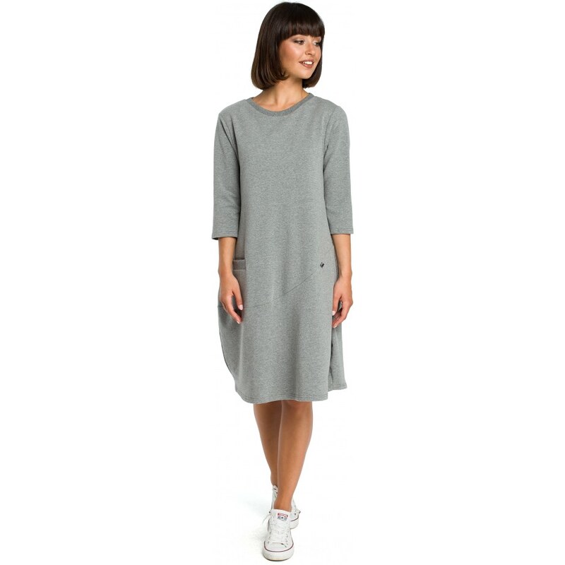 BeWear B083 Oversized šaty s přední kapsou - šedé 60480836
