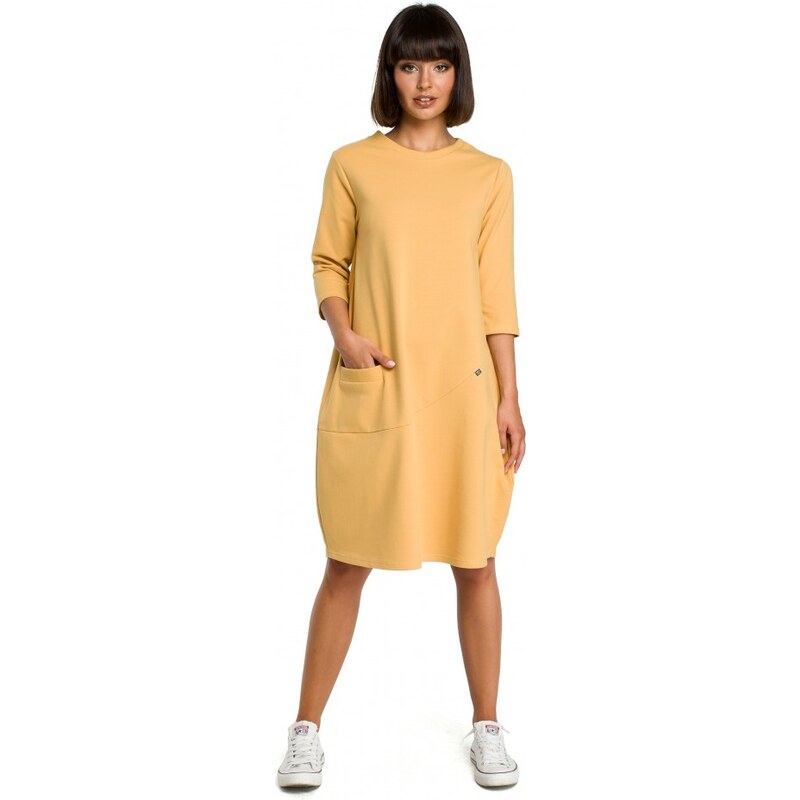 BeWear B083 Oversized šaty s přední kapsou - žluté 60480837