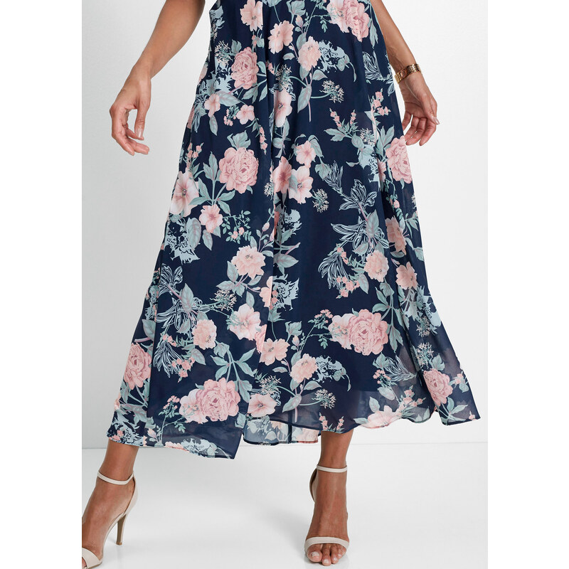 bonprix Šifonové šaty s krajkou a květovým potiskem Modrá
