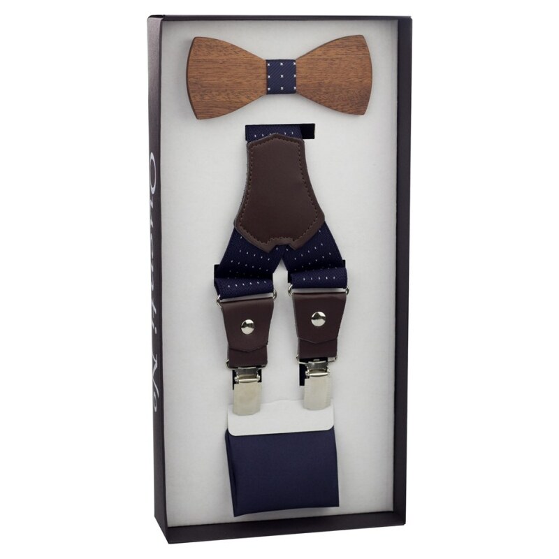 Quentino Tmavě modrý Luxusní pánský set Šle s koženým středem a dřevěný motýlek s kapesníčkem