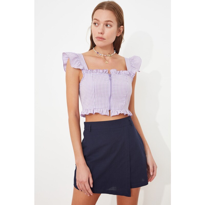 Trendyol Lilac Fitted Zipper Detailed Gingham Crop Woven Blouse